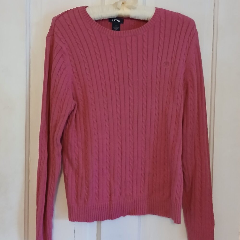 IZOD Women's Large Hot Pink Cable Knit Sweater 100% Cotton Pullover
